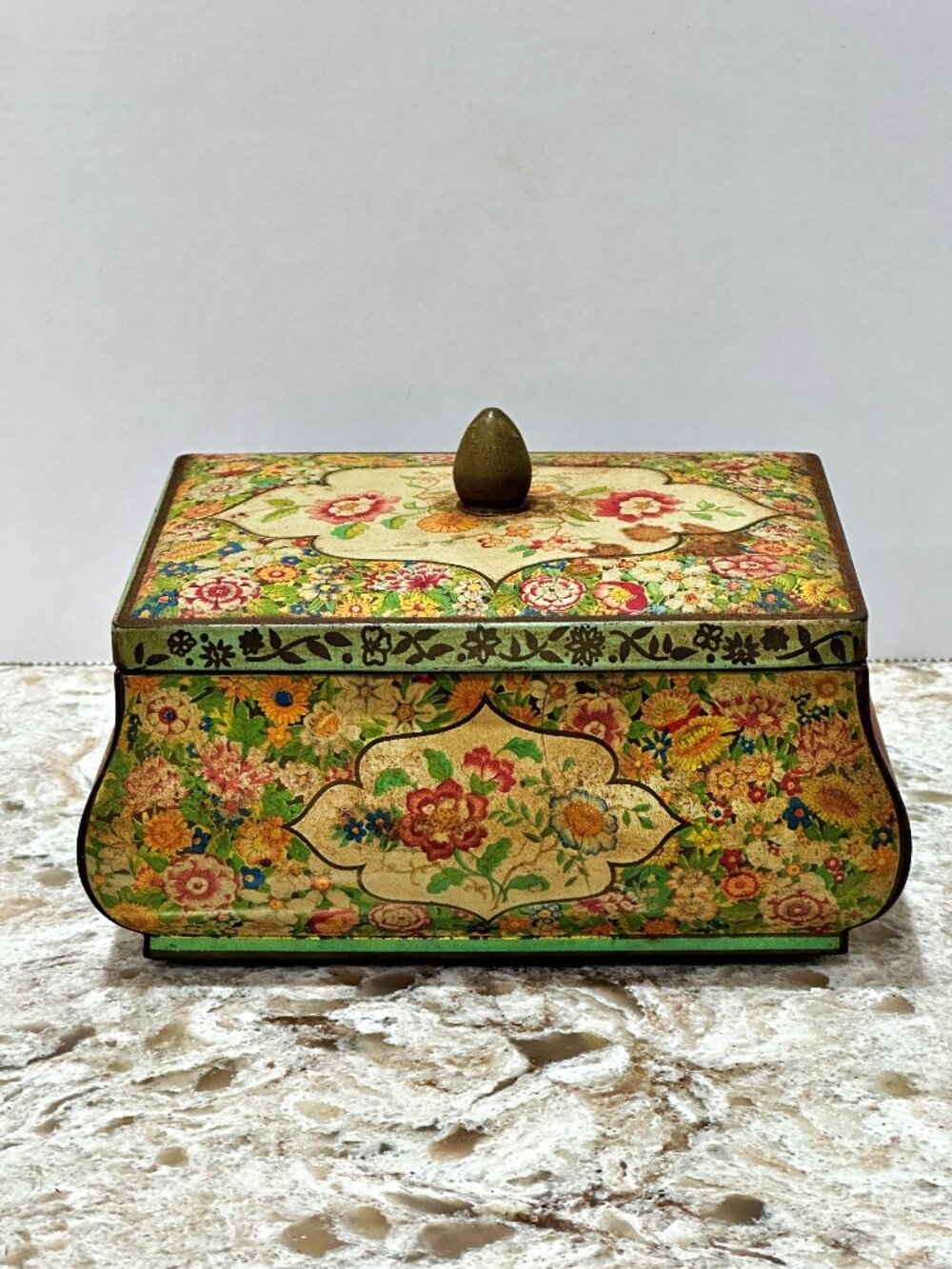 Vintage Dutch Floral Tin Box Holland Litho Bombe Trinket Caddy Metal Finial 60s